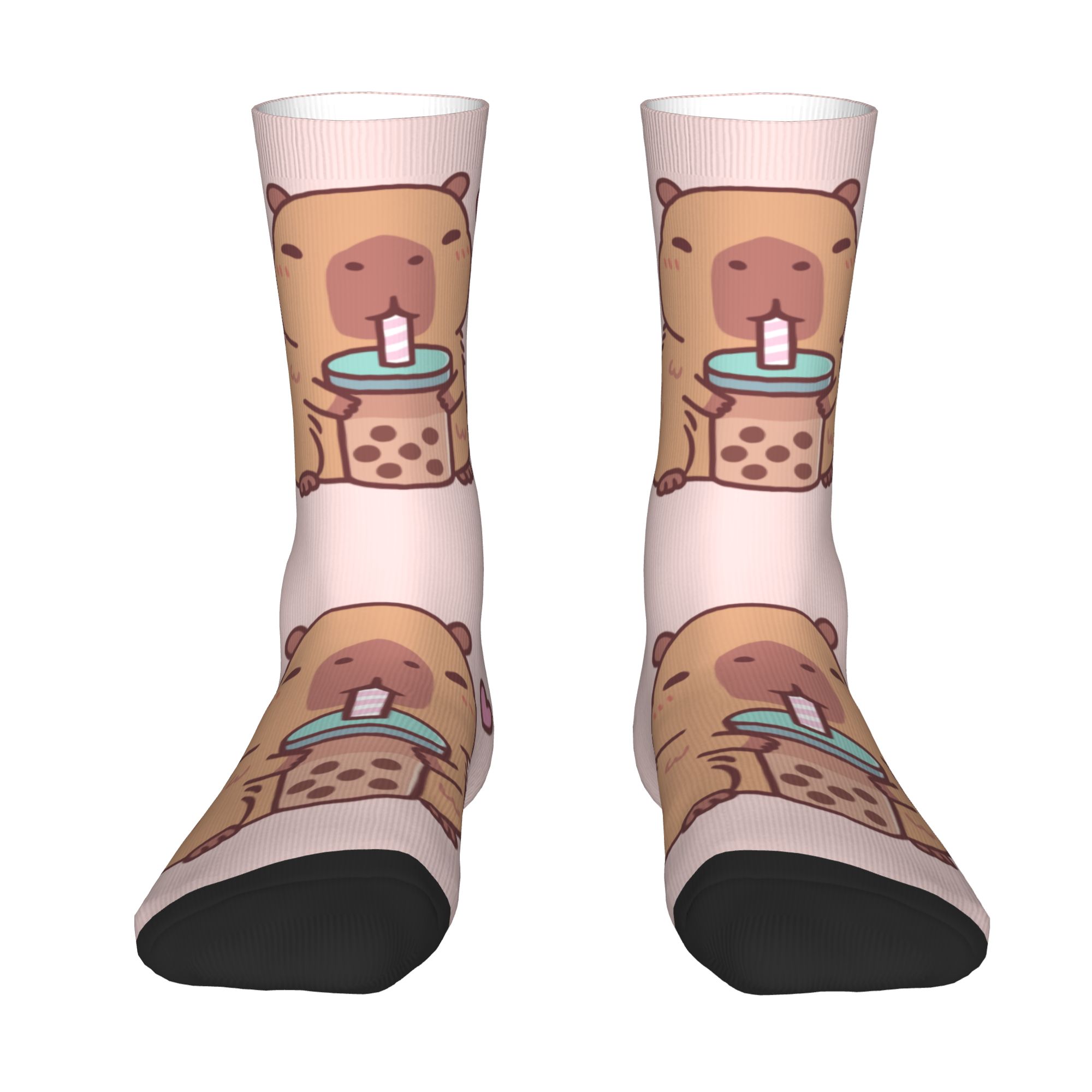 Dress Sock Men - ถุงเท้าลายคาปิบาร่าน่ารักสุดคิวท์ ชอบดื่มชานมไข่มุก สำหรับผู้ชายและผู้หญิง ลายพิมพ์ 3D เท่ๆ